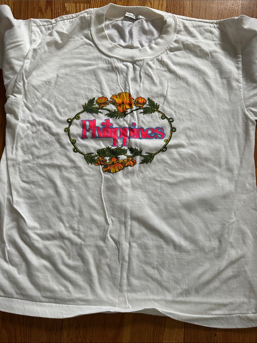 White Short Sleeve Graphic Tee with 'Philippines' Floral Design